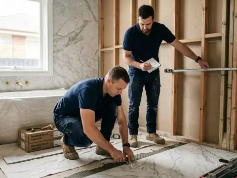 M&L bathroom renovators measuring and preparing a bathroom during a renovation